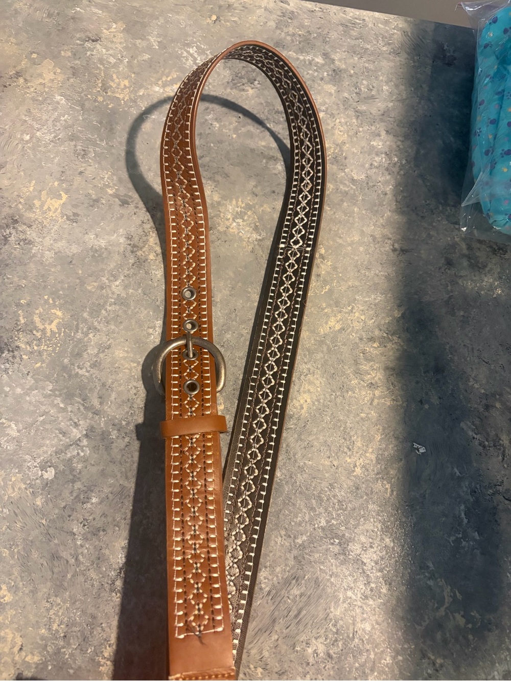 Brown Western Style Belt with Decorative Stitching and Oval Buckle